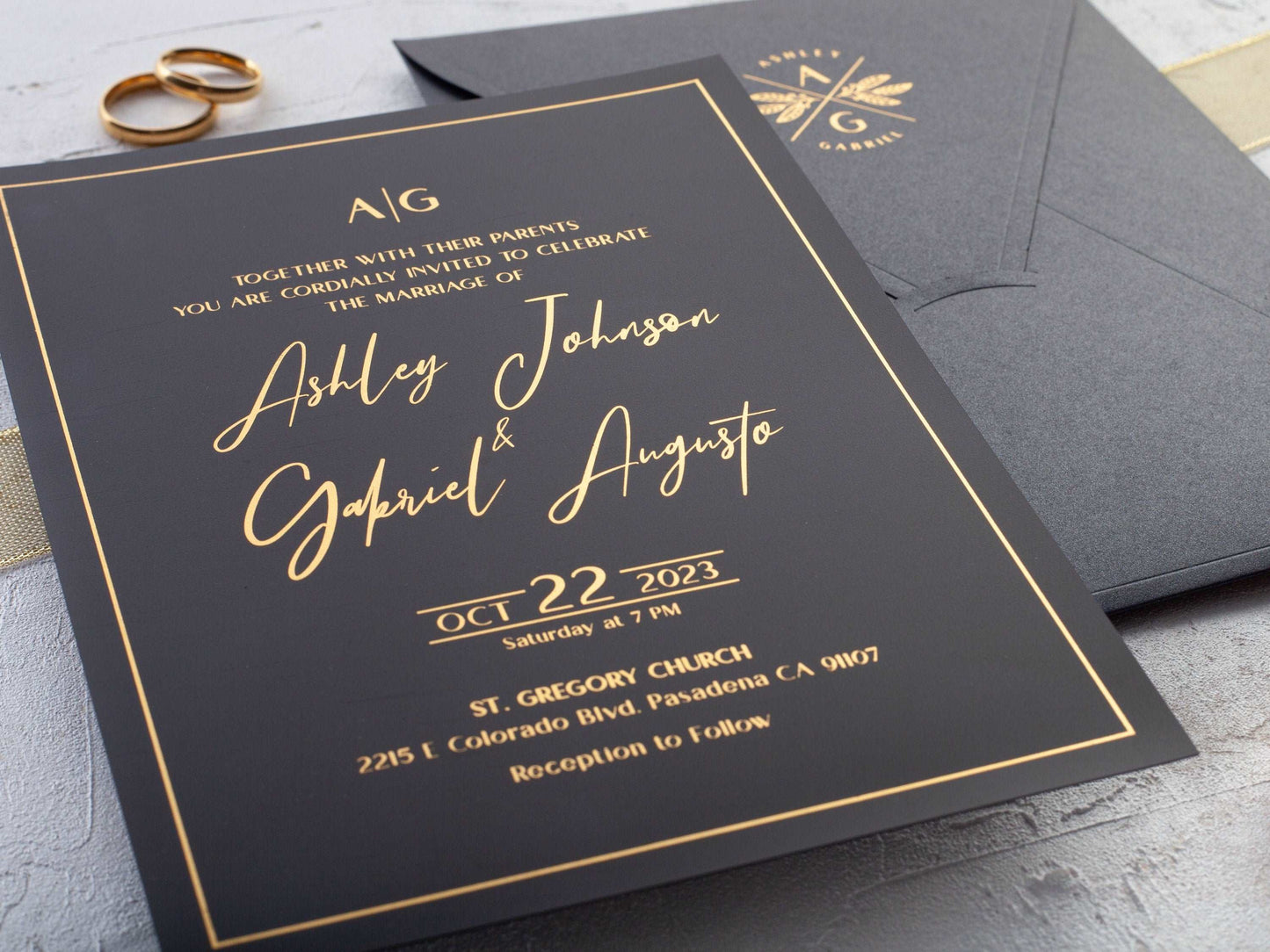 Black Acrylic Invitation with Gold Foil and Black Envelope