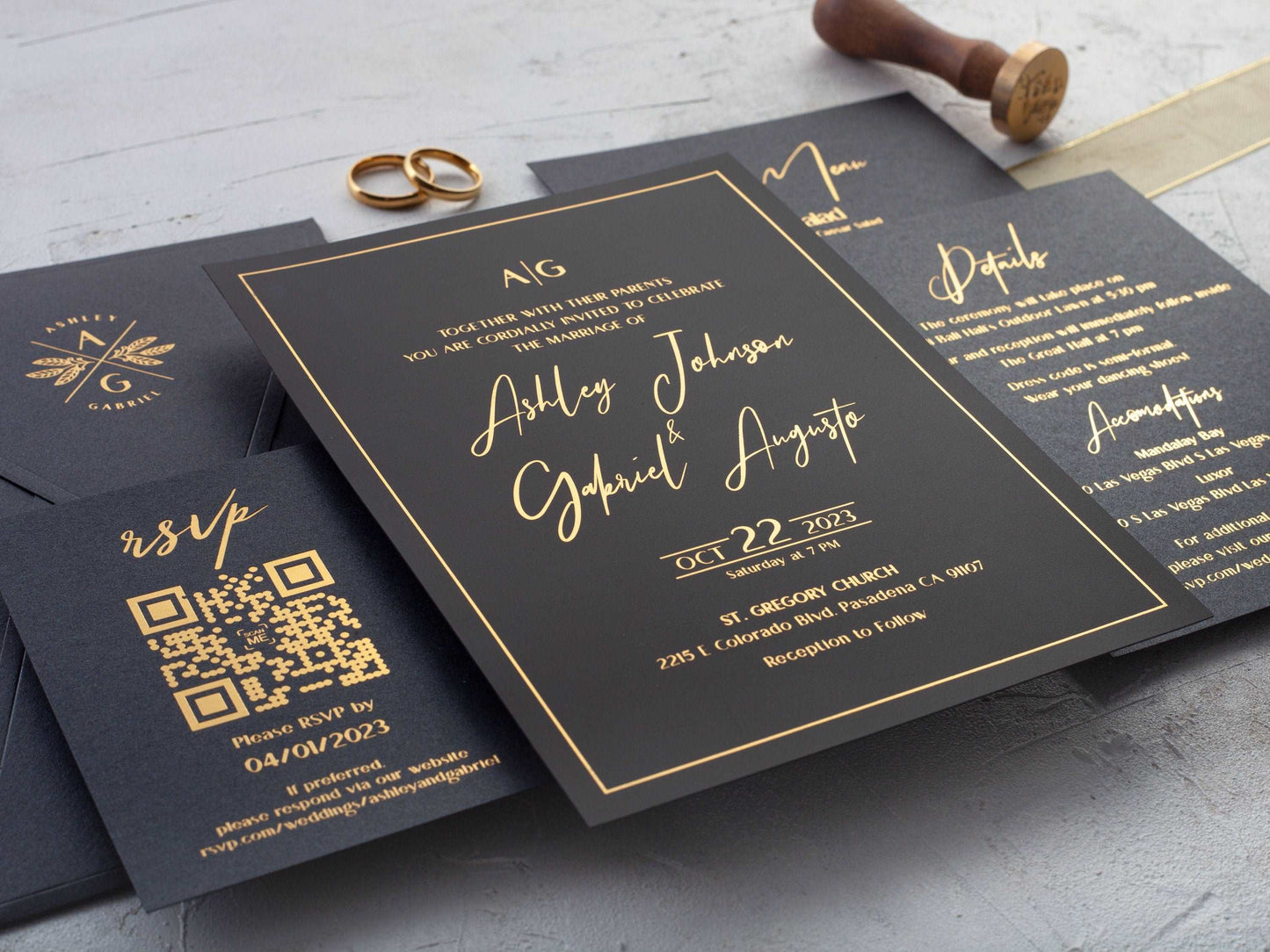 Black Acrylic Invitation with Gold Foil and Black Envelope - LA Invitations Co