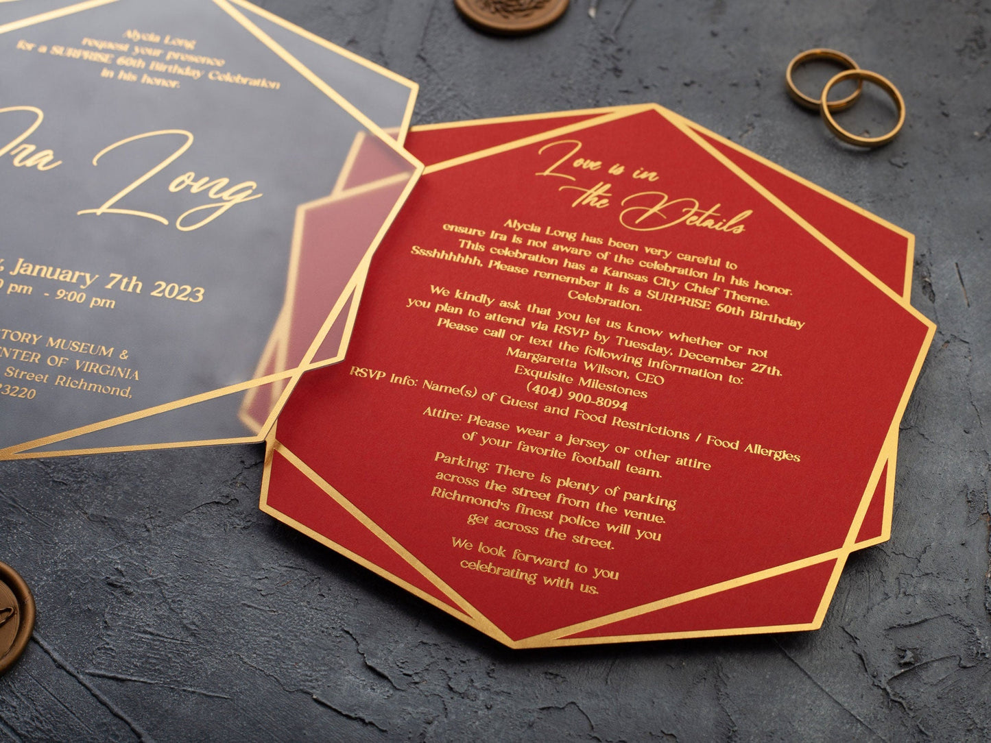 Modern Acrylic Birthday Invite in Red with Gold Foil - LA Invitations Co