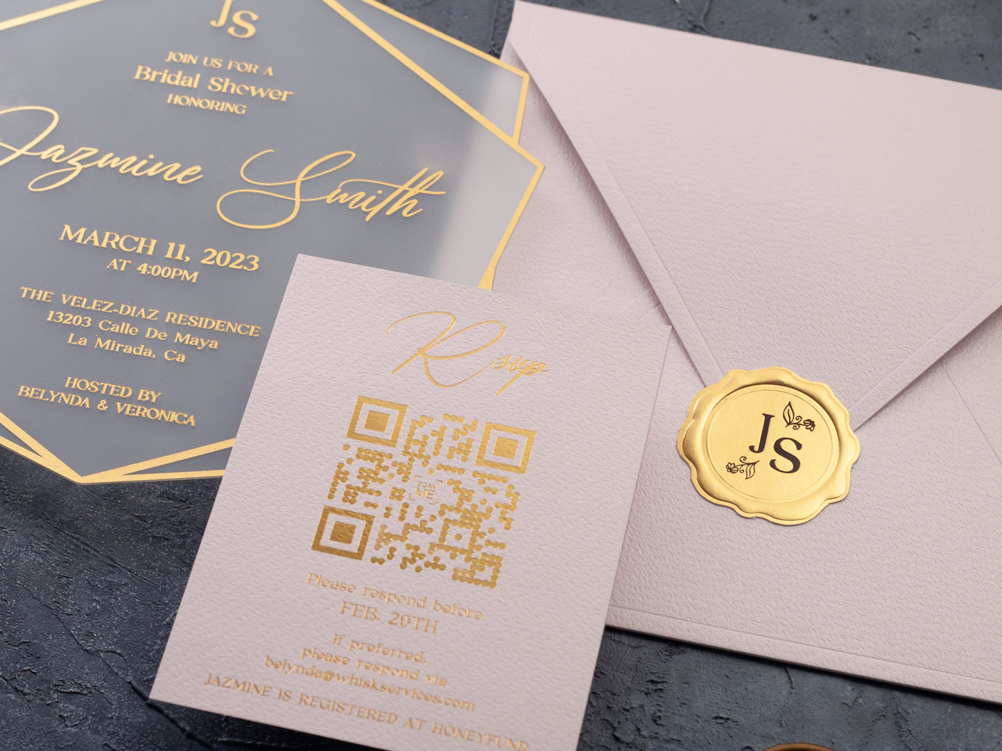 Acrylic Bridal Shower Invitation with Gold Foil and Pink Envelope - LA Invitations Co