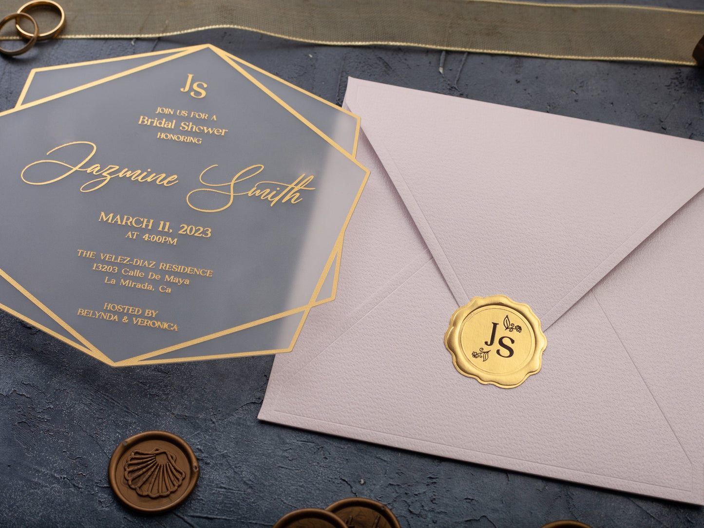 Acrylic Bridal Shower Invitation with Gold Foil and Pink Envelope - LA Invitations Co