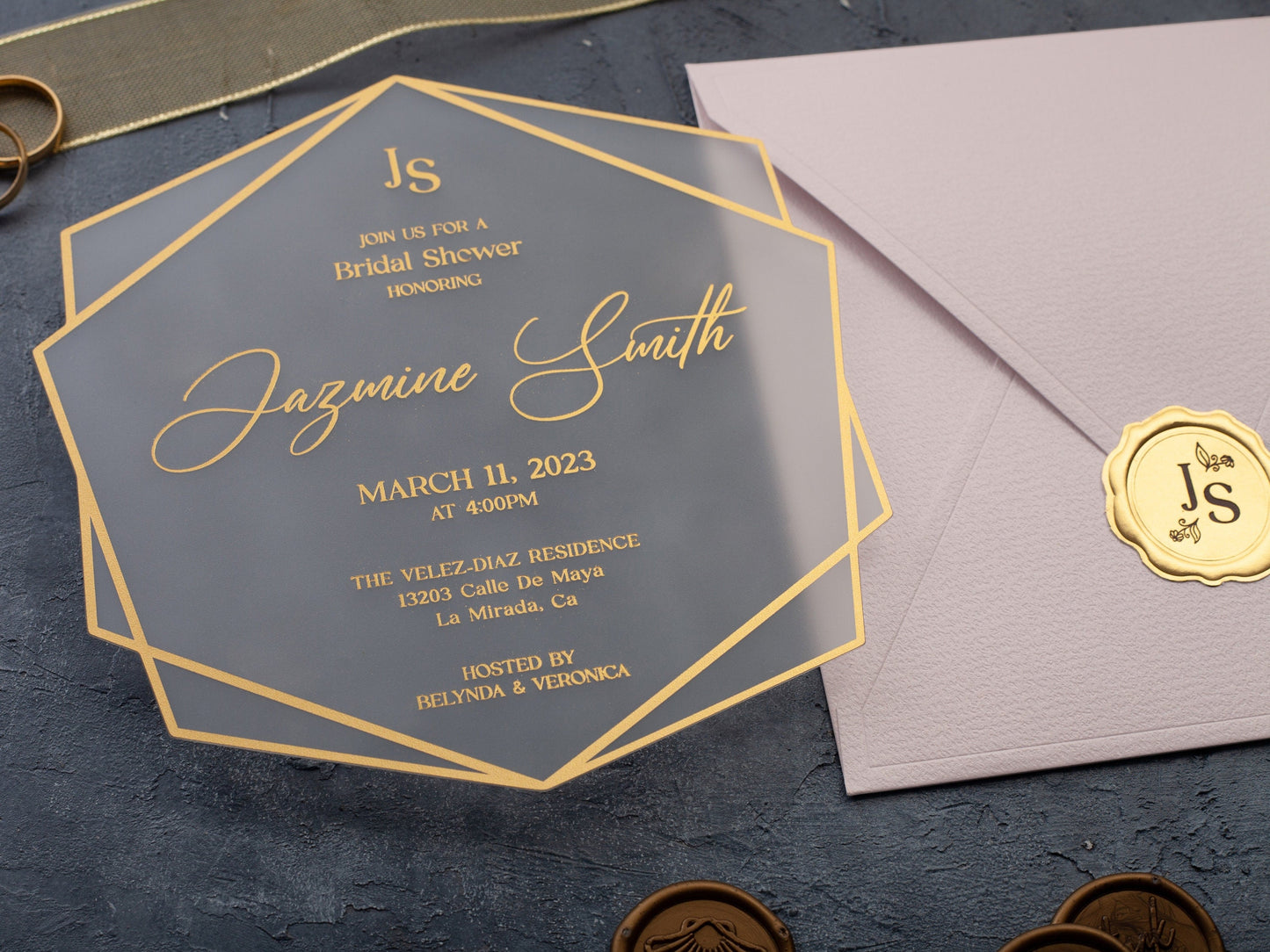 Acrylic Bridal Shower Invitation with Gold Foil and Pink Envelope - LA Invitations Co