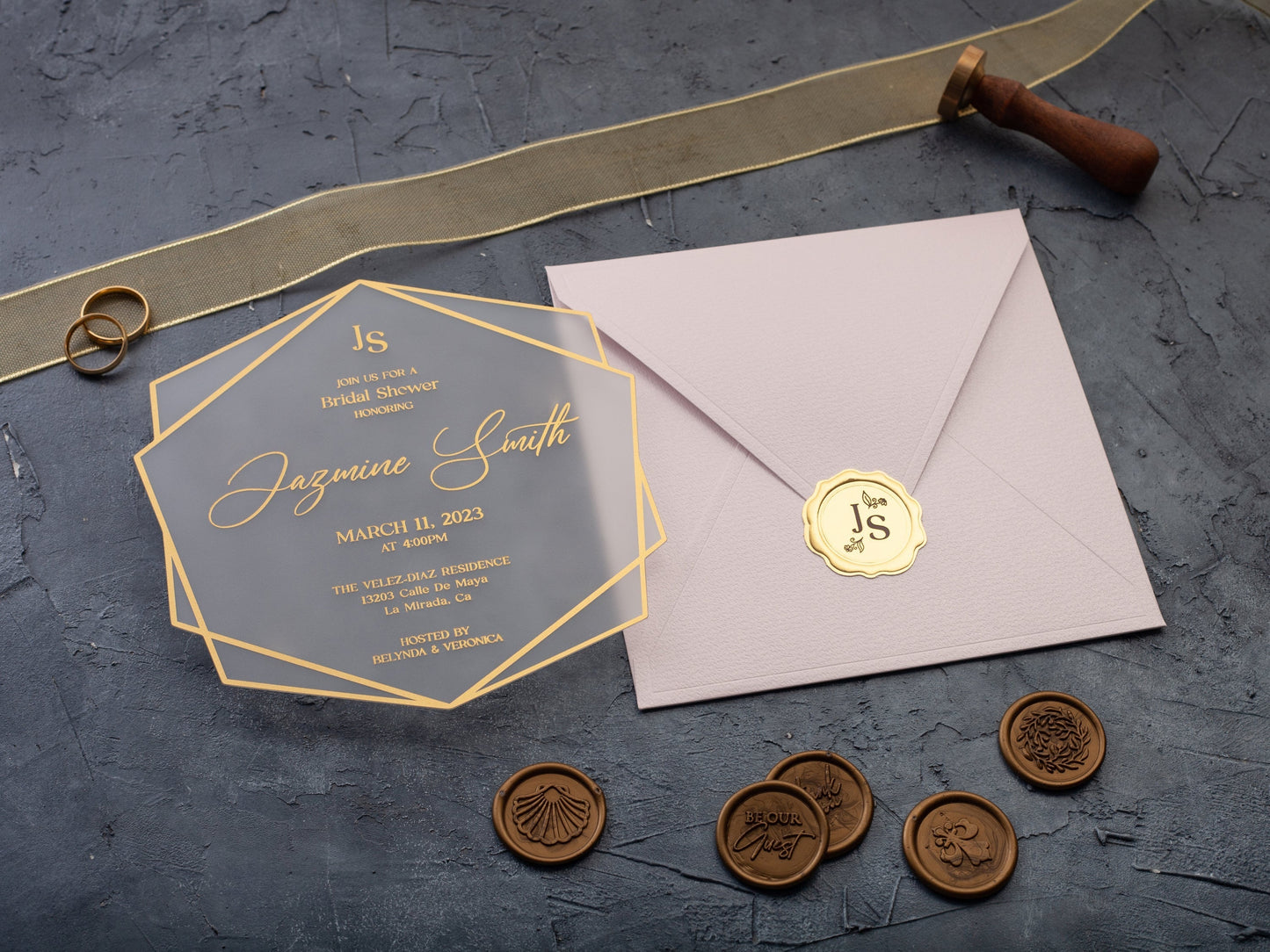 Acrylic Bridal Shower Invitation with Gold Foil and Pink Envelope - LA Invitations Co