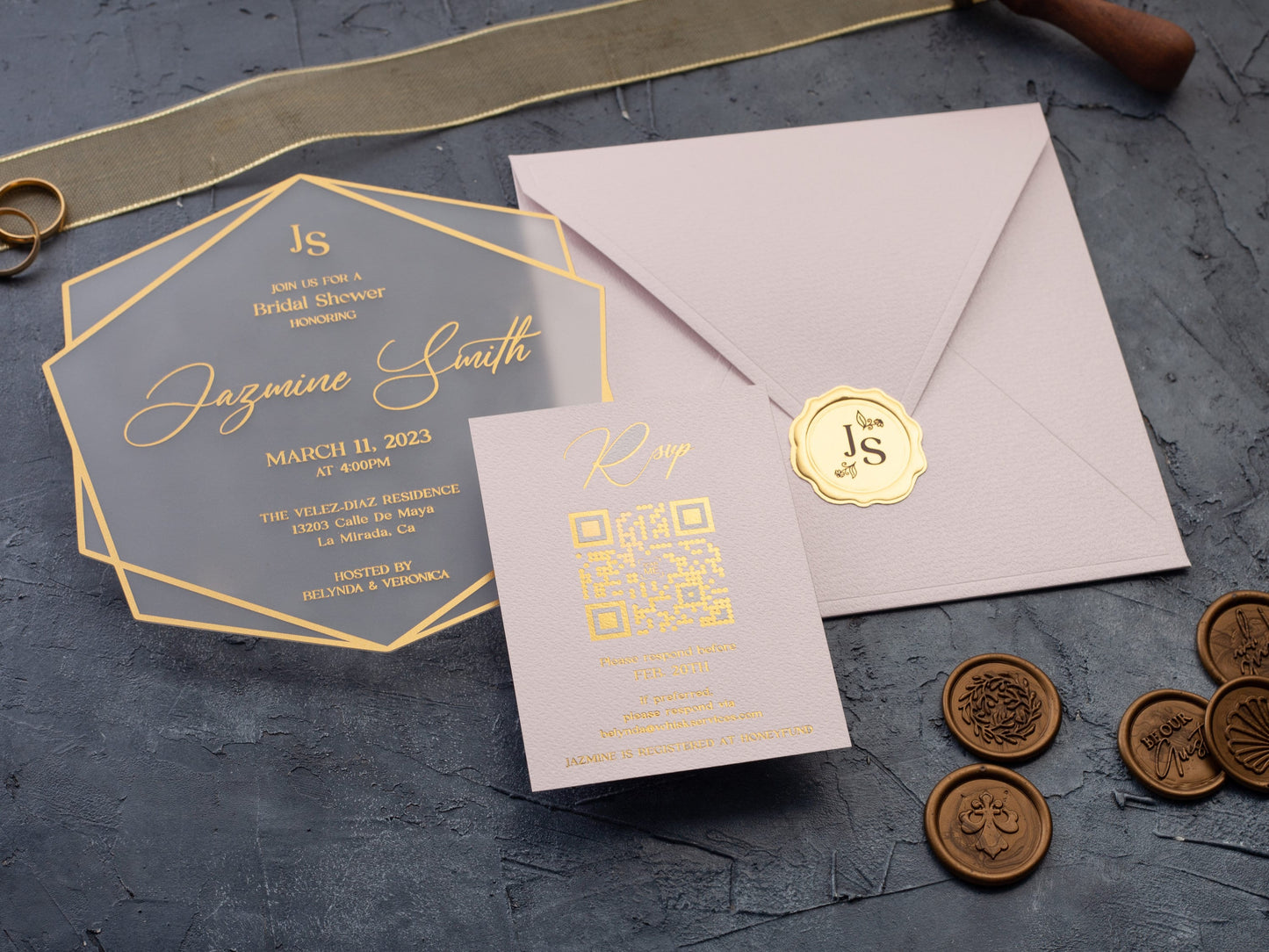 Acrylic Bridal Shower Invitation with Gold Foil and Pink Envelope - LA Invitations Co