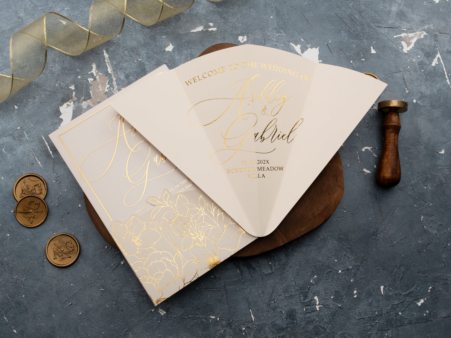 Ivory Acrylic Wedding Invite with Elegant Gold Floral Details - LA Invitations Co