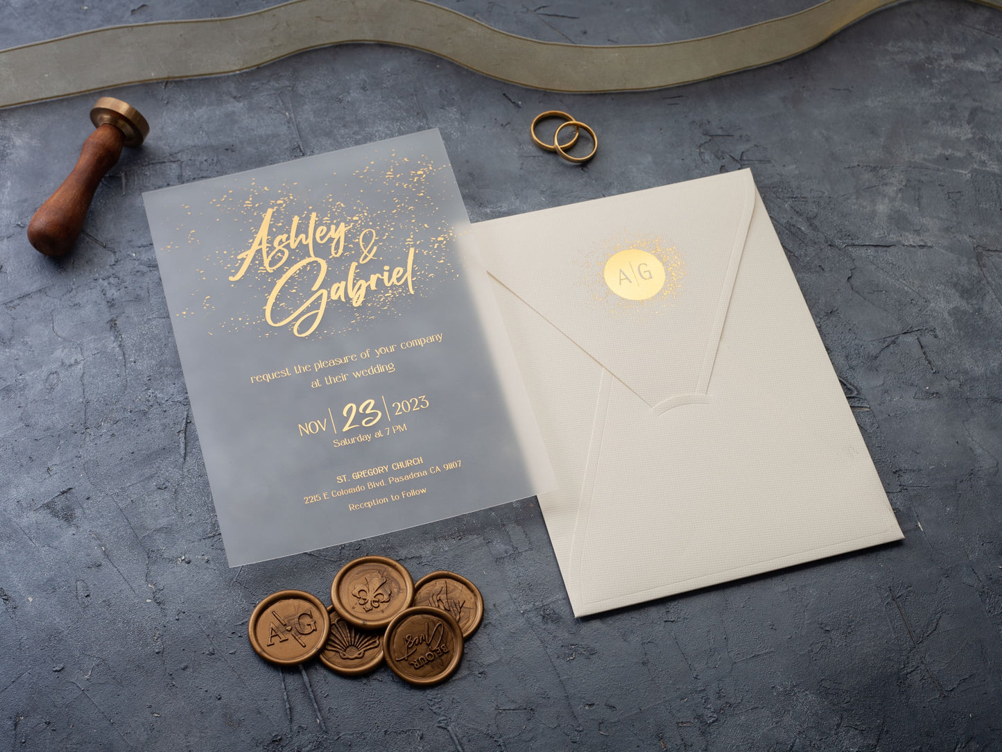 Stylish Acrylic Wedding Invitation with Gold Foil and Ivory Envelope - LA Invitations Co