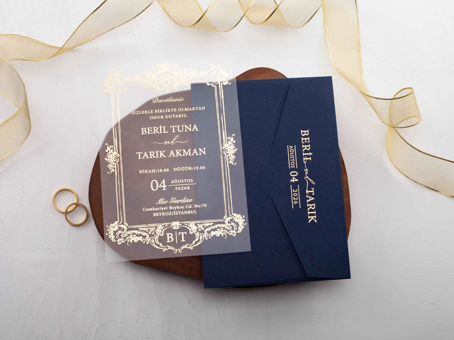 Gold Foil Acrylic Wedding Card with Sophisticated Navy Envelope
