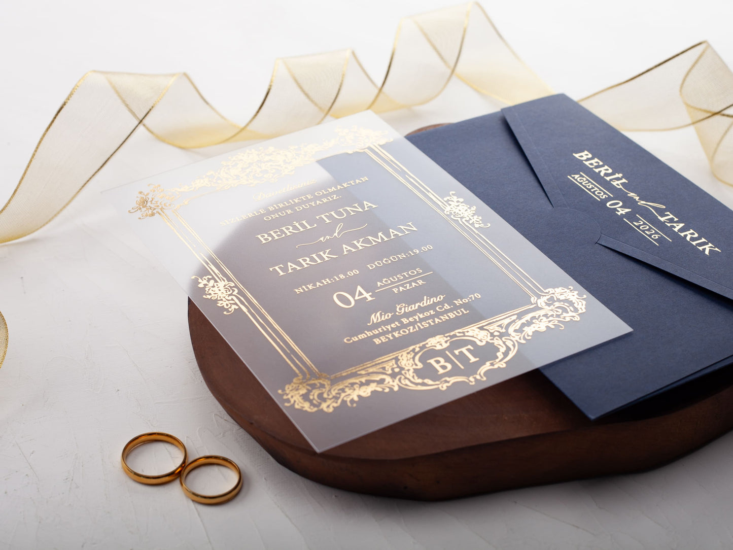 Gold Foil Acrylic Wedding Card with Sophisticated Navy Envelope