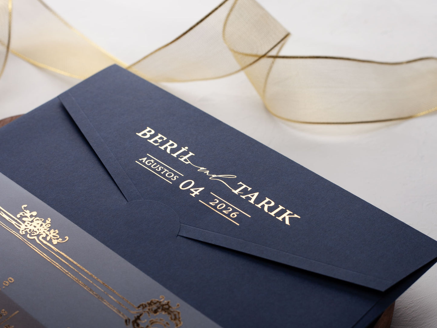 Gold Foil Acrylic Wedding Card with Sophisticated Navy Envelope - LA Invitations Co