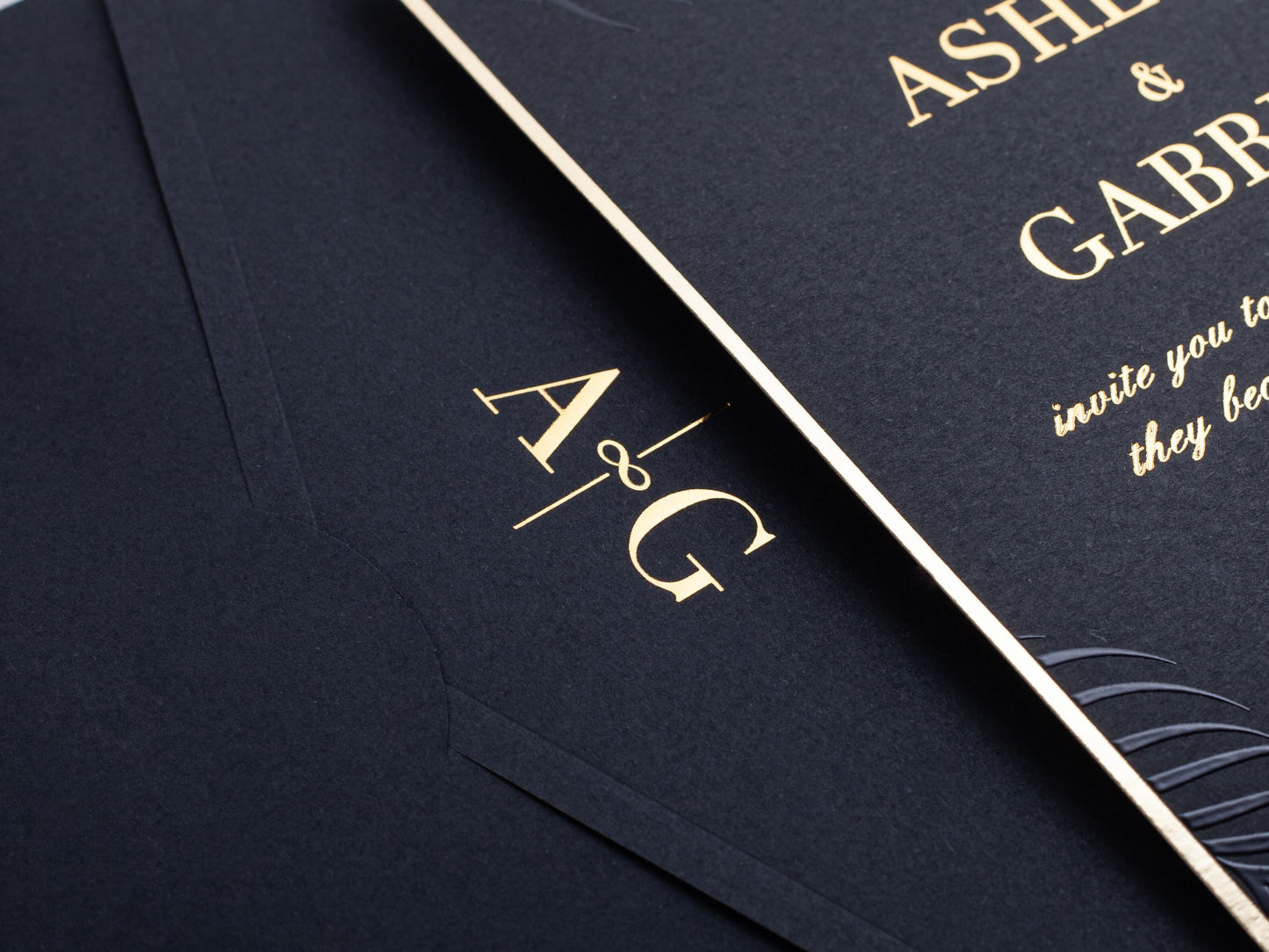 Glamorous Black Invitation with Gold Foil and Palm Leaf Elements - LA Invitations Co