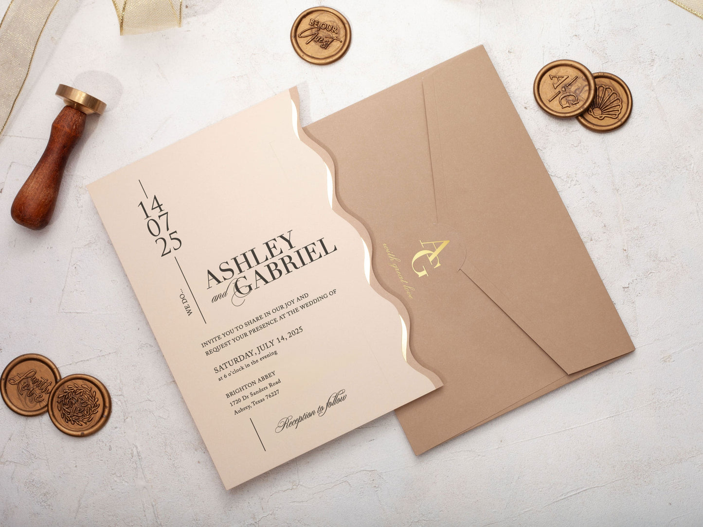 Chic Wedding Invite Featuring Elegant Wavy Accents - LA Invitations Co