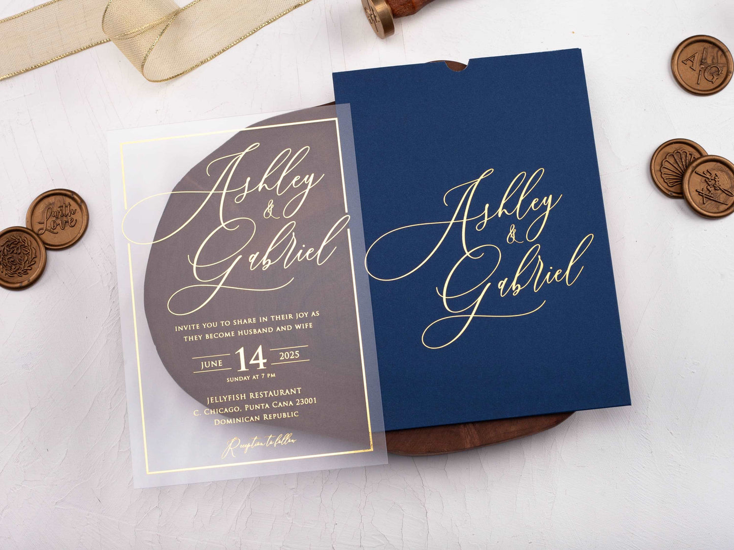 Acrylic Wedding Invitation with Gold Foil and Navy Envelope - LA Invitations Co