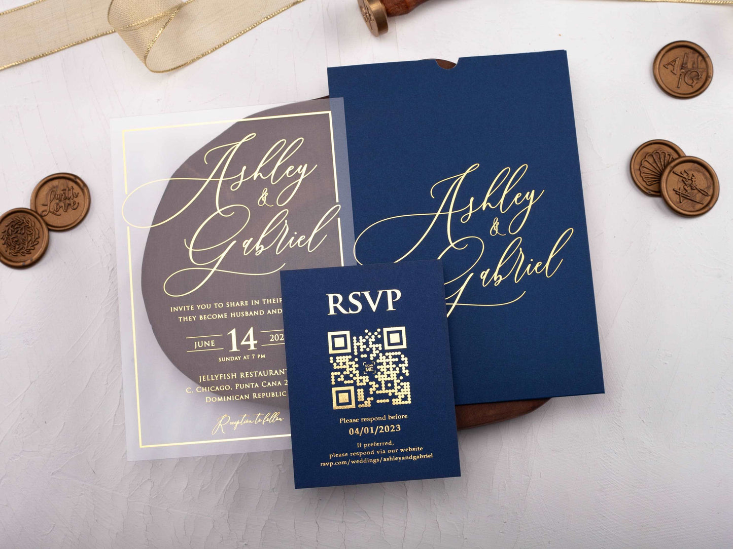 Acrylic Wedding Invitation with Gold Foil and Navy Envelope - LA Invitations Co