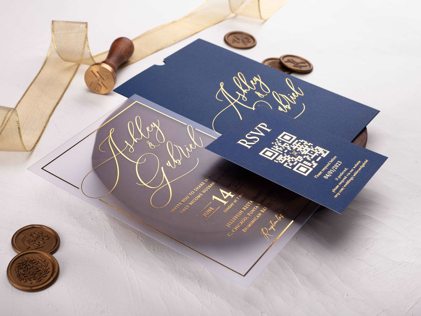 Acrylic Wedding Invitation with Gold Foil and Navy Envelope - LA Invitations Co