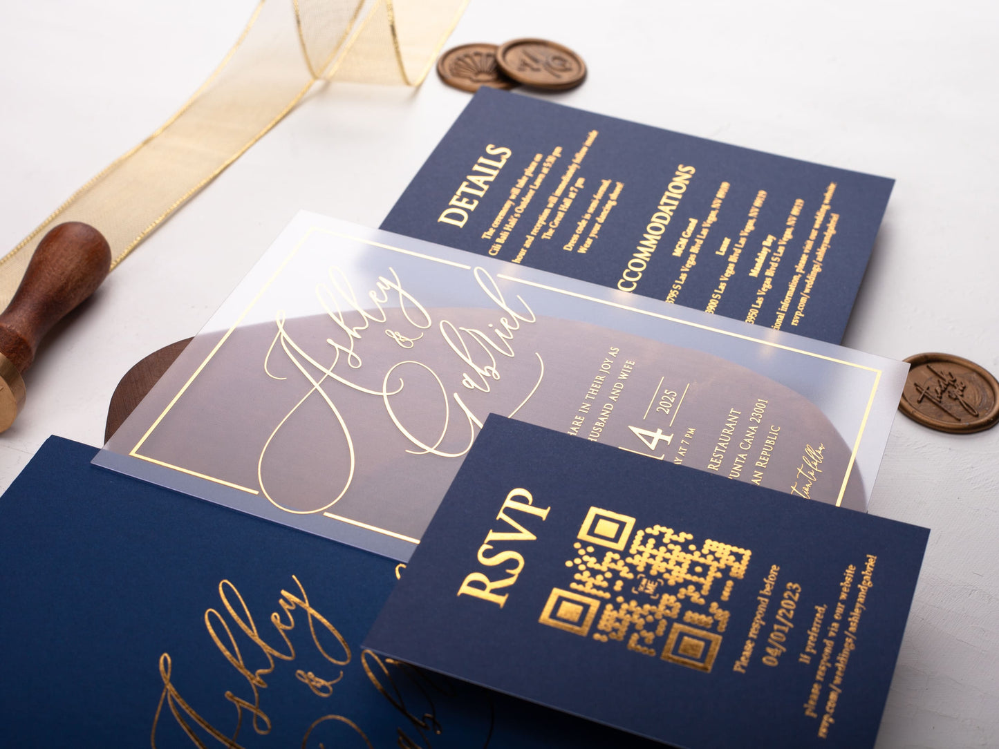 Acrylic Wedding Invitation with Gold Foil and Navy Envelope - LA Invitations Co