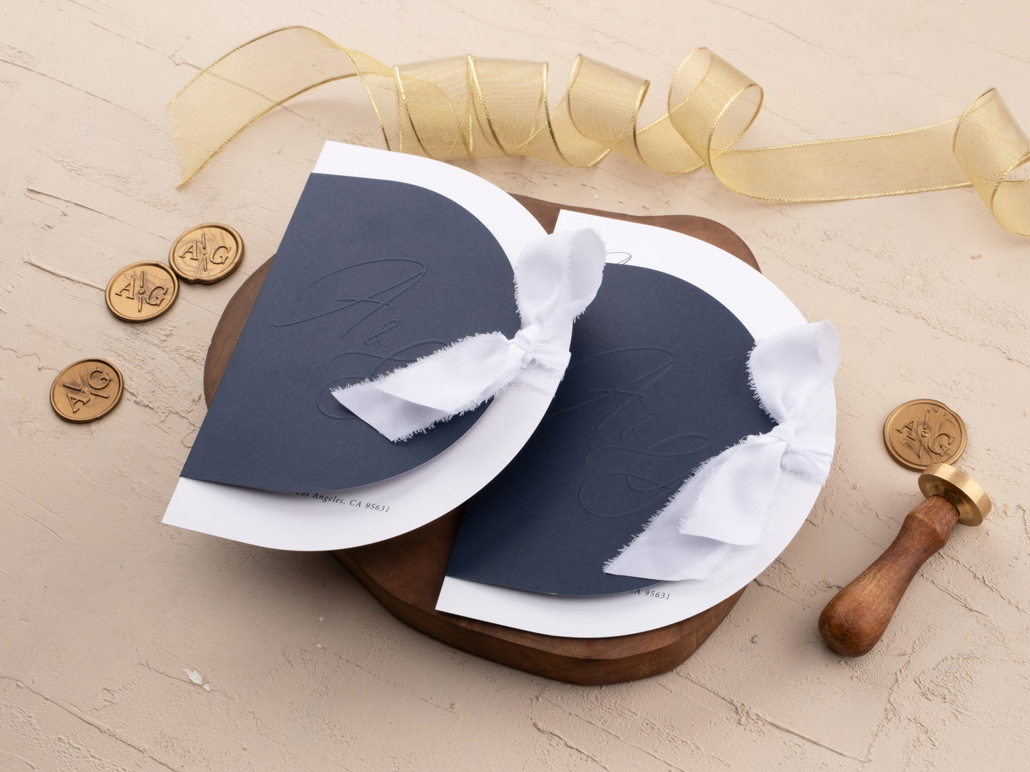 Gold Foil Wedding Invite with Rustic Touch and Navy Cover