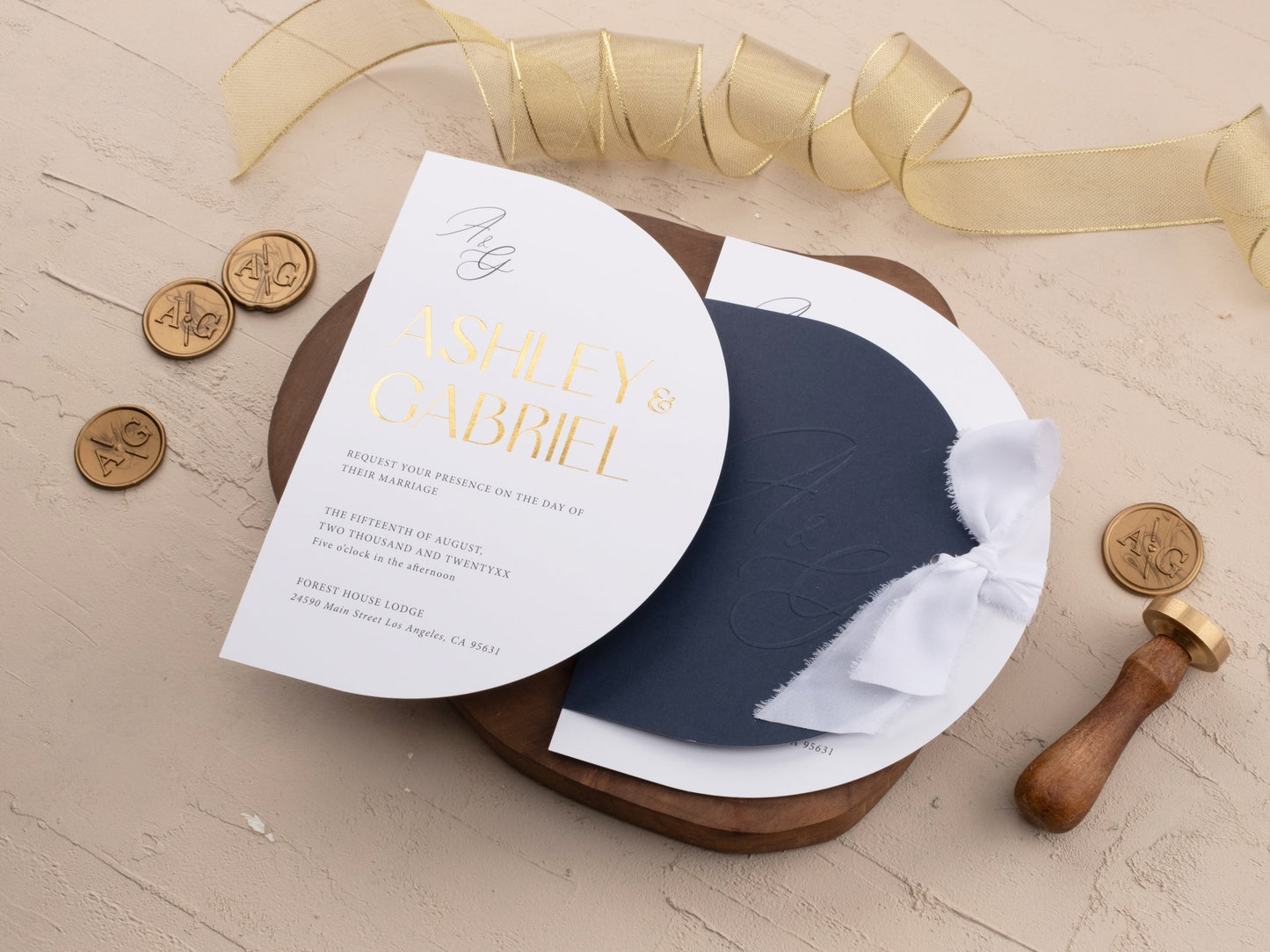 Gold Foil Wedding Invite with Rustic Touch and Navy Cover