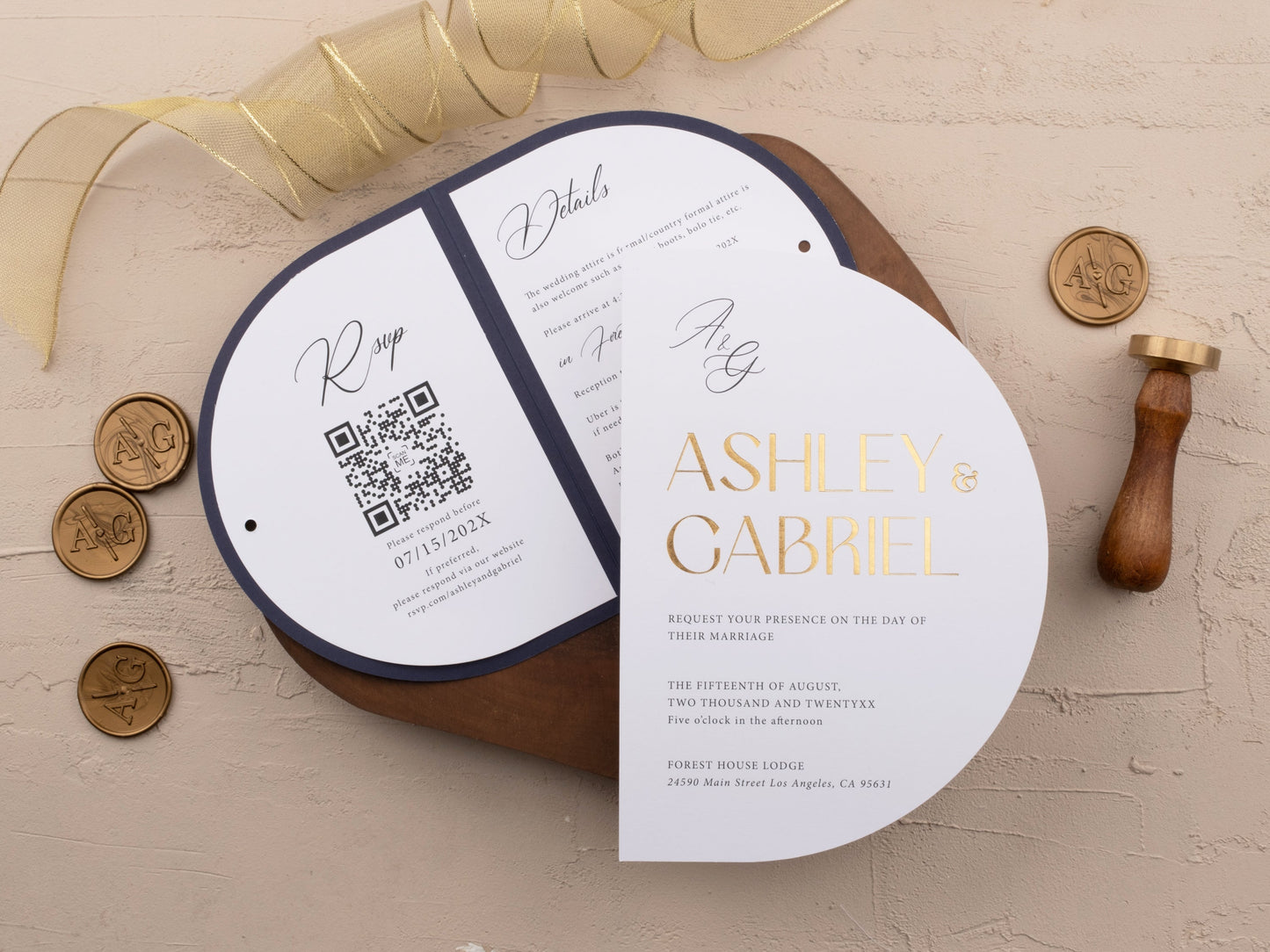 Gold Foil Wedding Invite with Rustic Touch and Navy Cover
