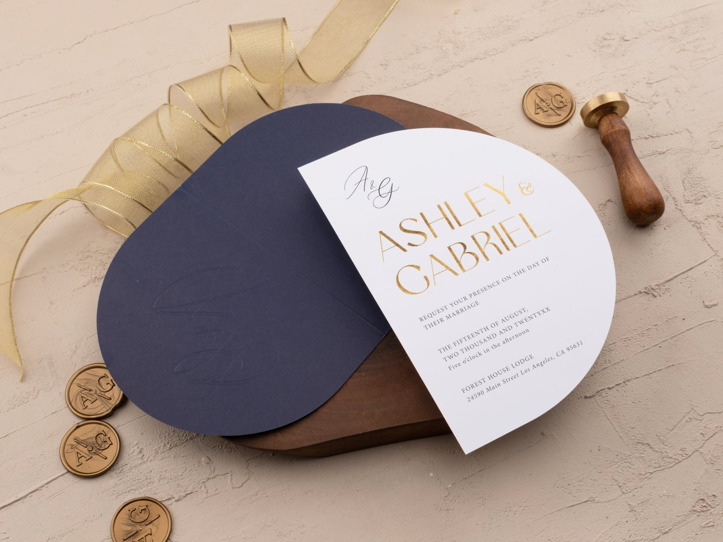 Gold Foil Wedding Invite with Rustic Touch and Navy Cover - LA Invitations Co