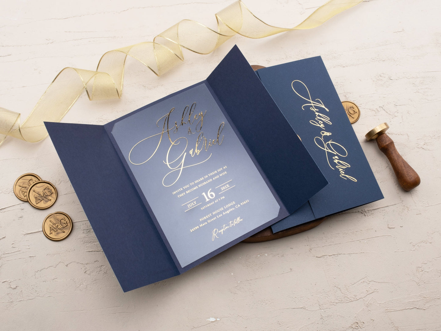 Elegant Gold Foil Acrylic Invite with Navy Blue Gatefold Jacket - LA Invitations Co