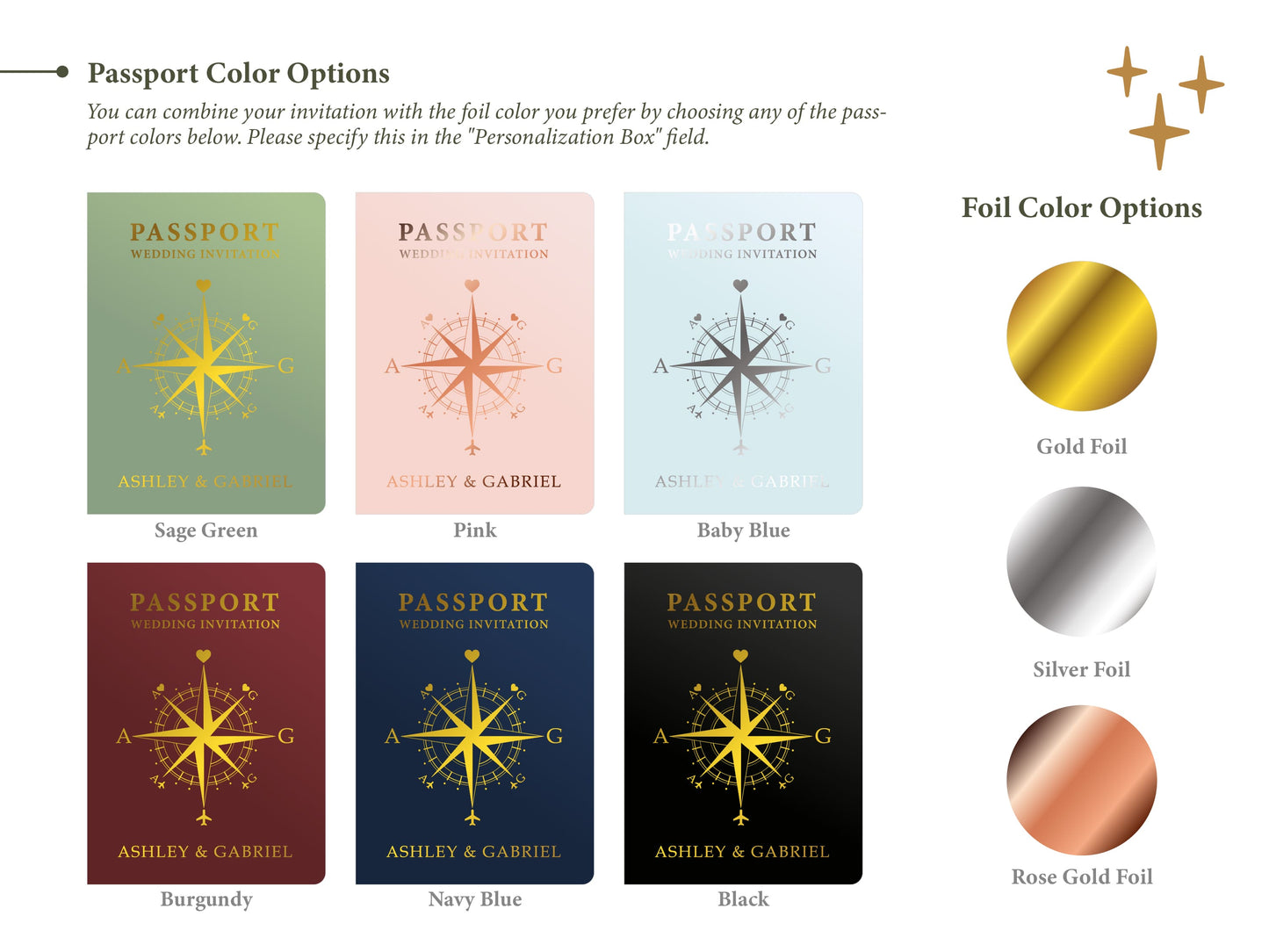 Sage Green Passport Wedding Invitation with Elegant Gold Lettering - LA Invitations Co