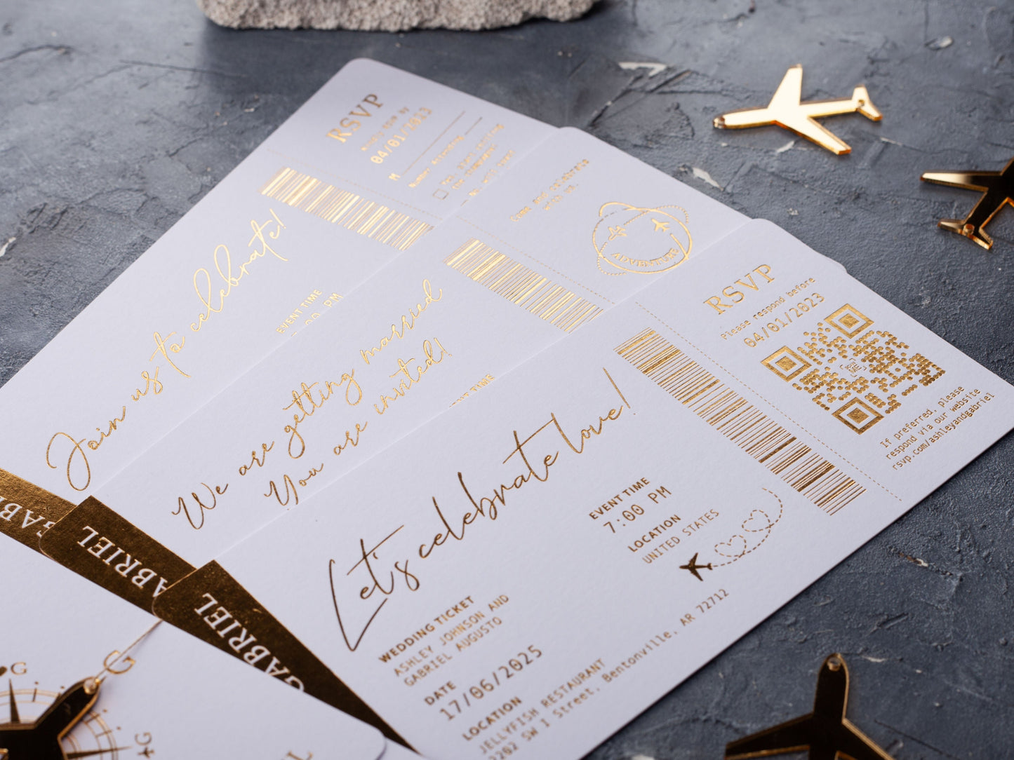 Luxury White Passport-Style Invite with Radiant Gold Foil Print