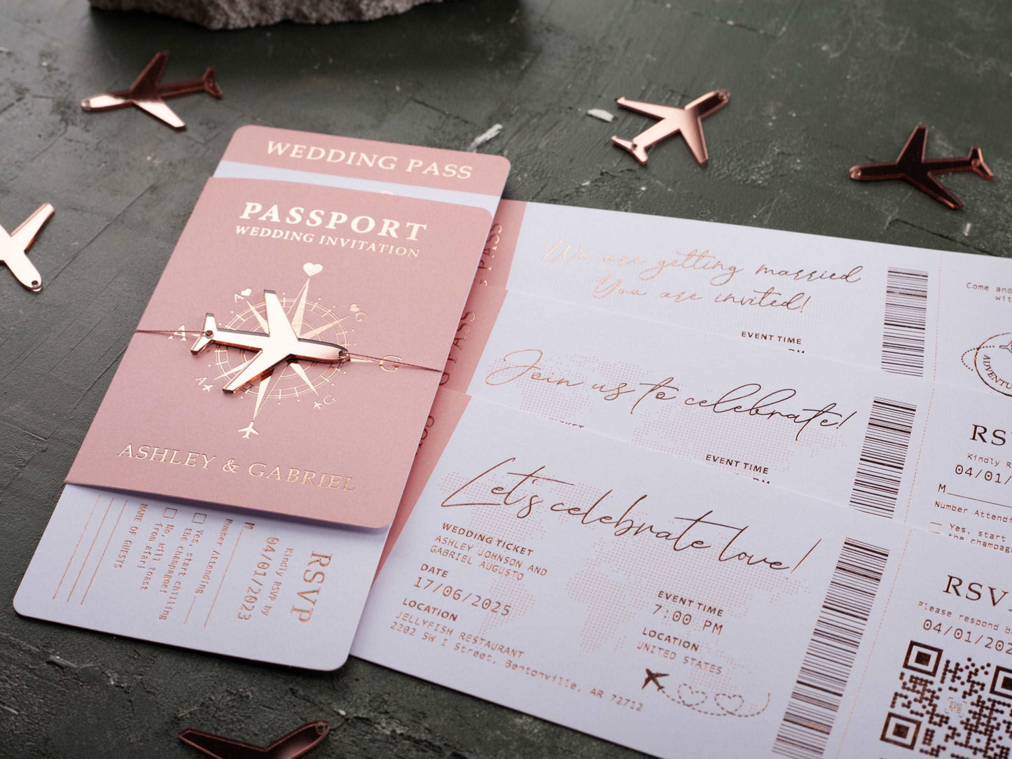 Pink Boarding Pass Wedding Invitation with Rose Gold Foil