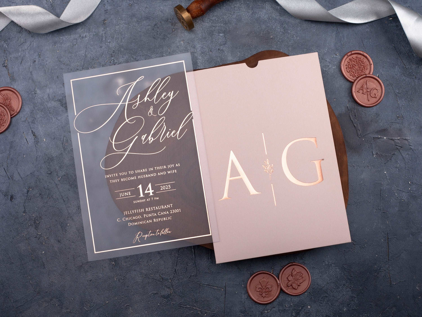 Acrylic Wedding Invitation with Rose Gold Foil and Pink Envelope