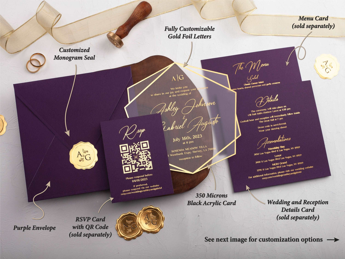 Acrylic Wedding Invitation with Gold Foil and Purple Envelope - LA Invitations Co