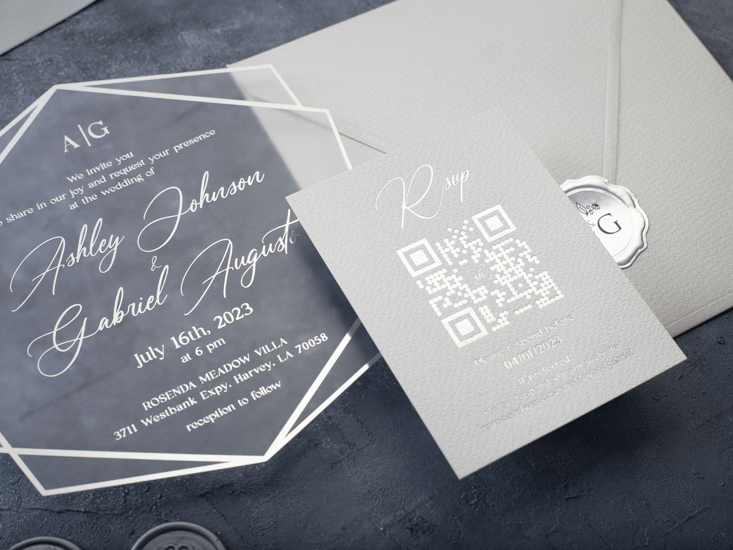 Sophisticated White and Silver Acrylic Wedding Card