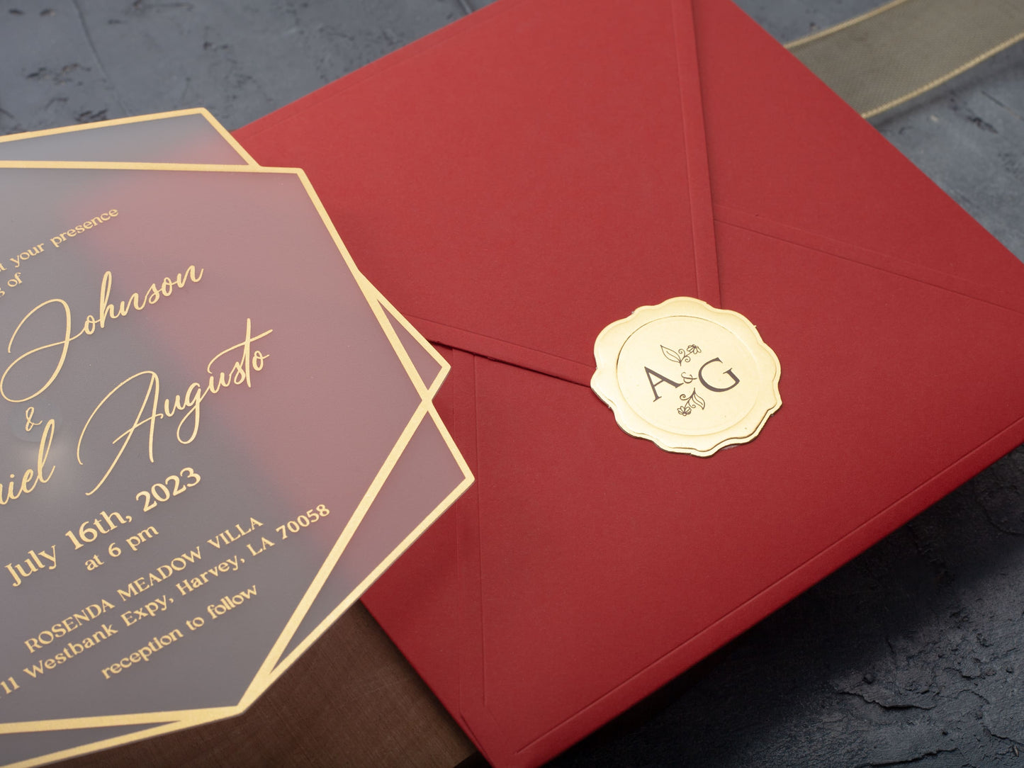 Acrylic Wedding Invitation with Gold Foil and Red Envelope - LA Invitations Co