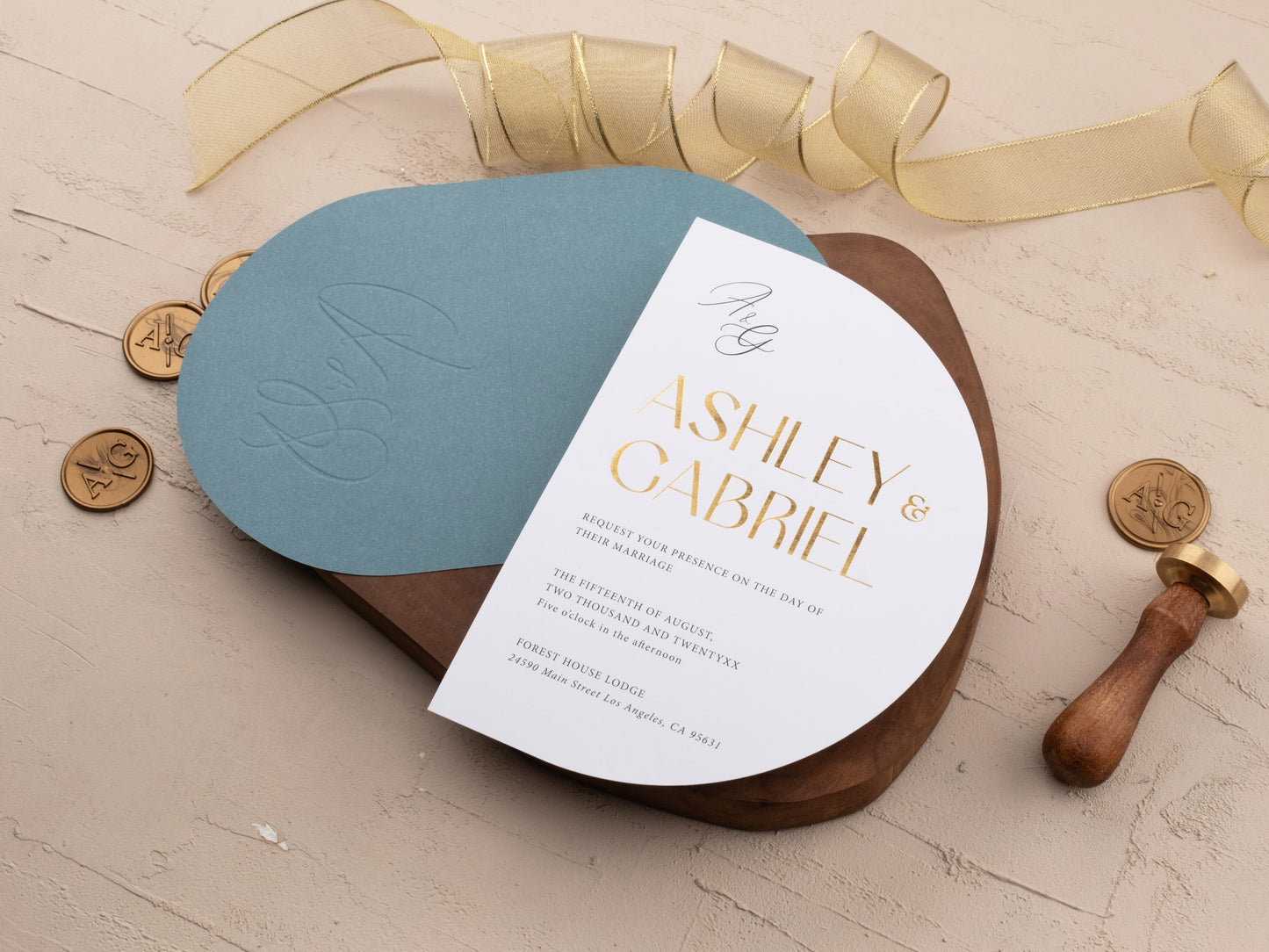 Dusty Blue Wedding Invitation with Gold Foil and Half Circle Design - LA Invitations Co