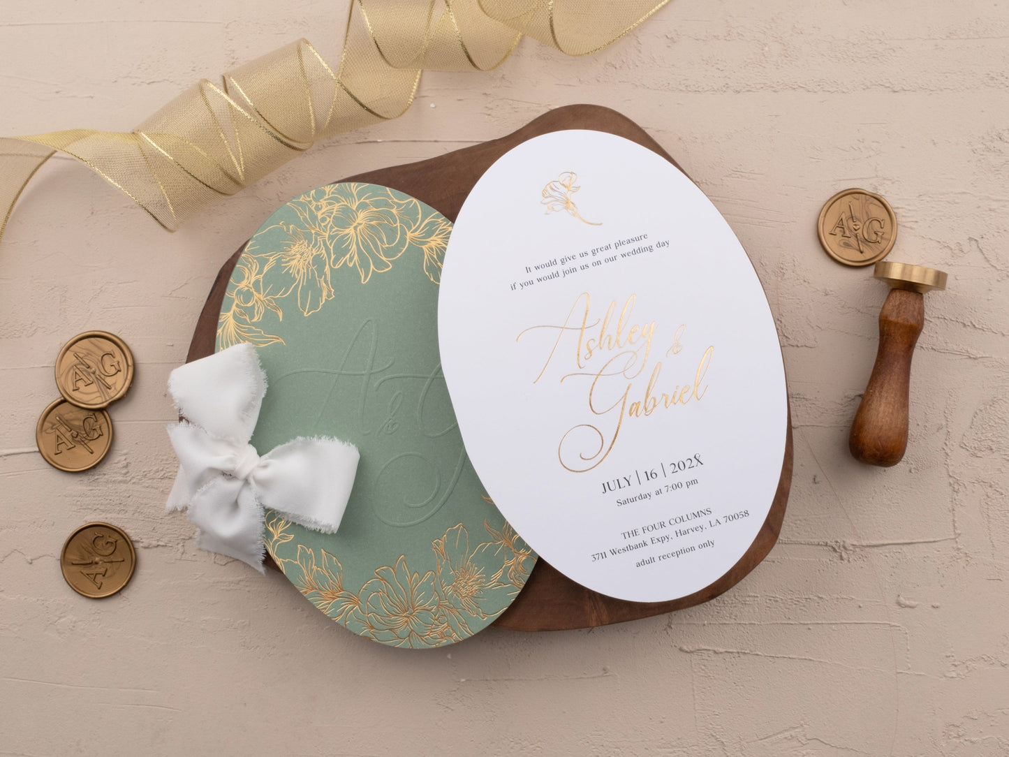 Luxury Sage and Gold Wedding Card with Floral Foil Embellishments