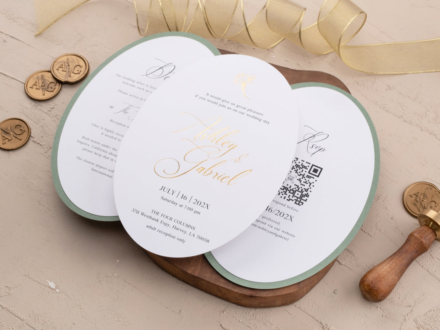 Luxury Sage and Gold Wedding Card with Floral Foil Embellishments
