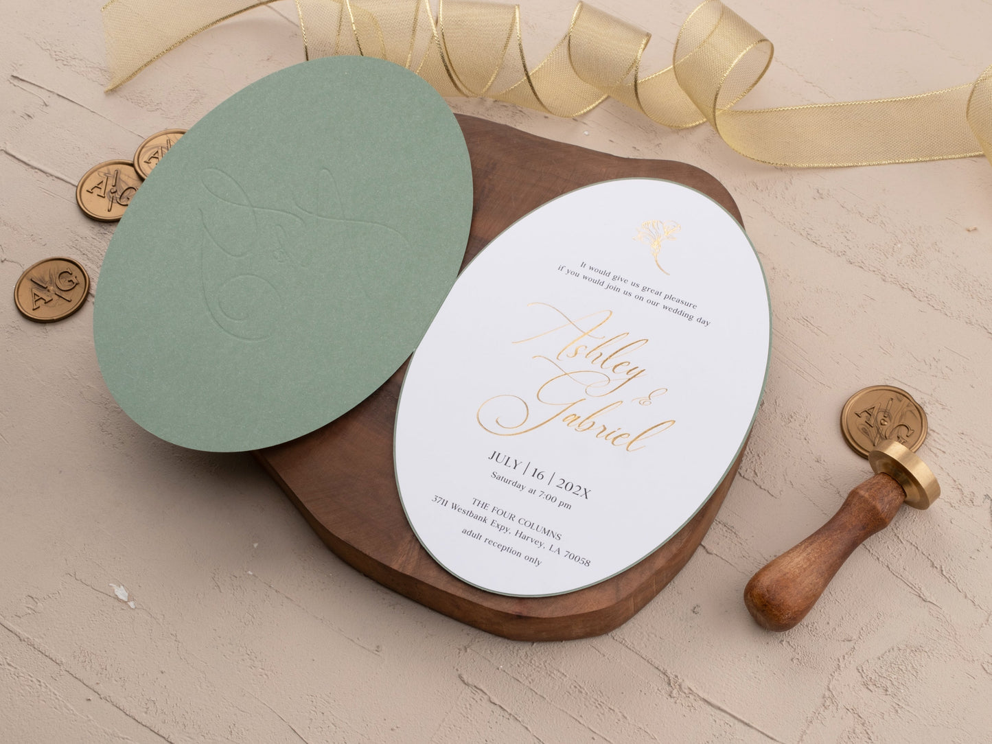 Luxury Sage and Gold Wedding Card with Floral Foil Embellishments - LA Invitations Co