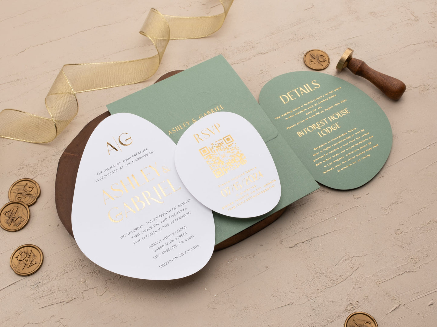 Chic Modern Shape Wedding Invite in Sage Green with Gold Accents