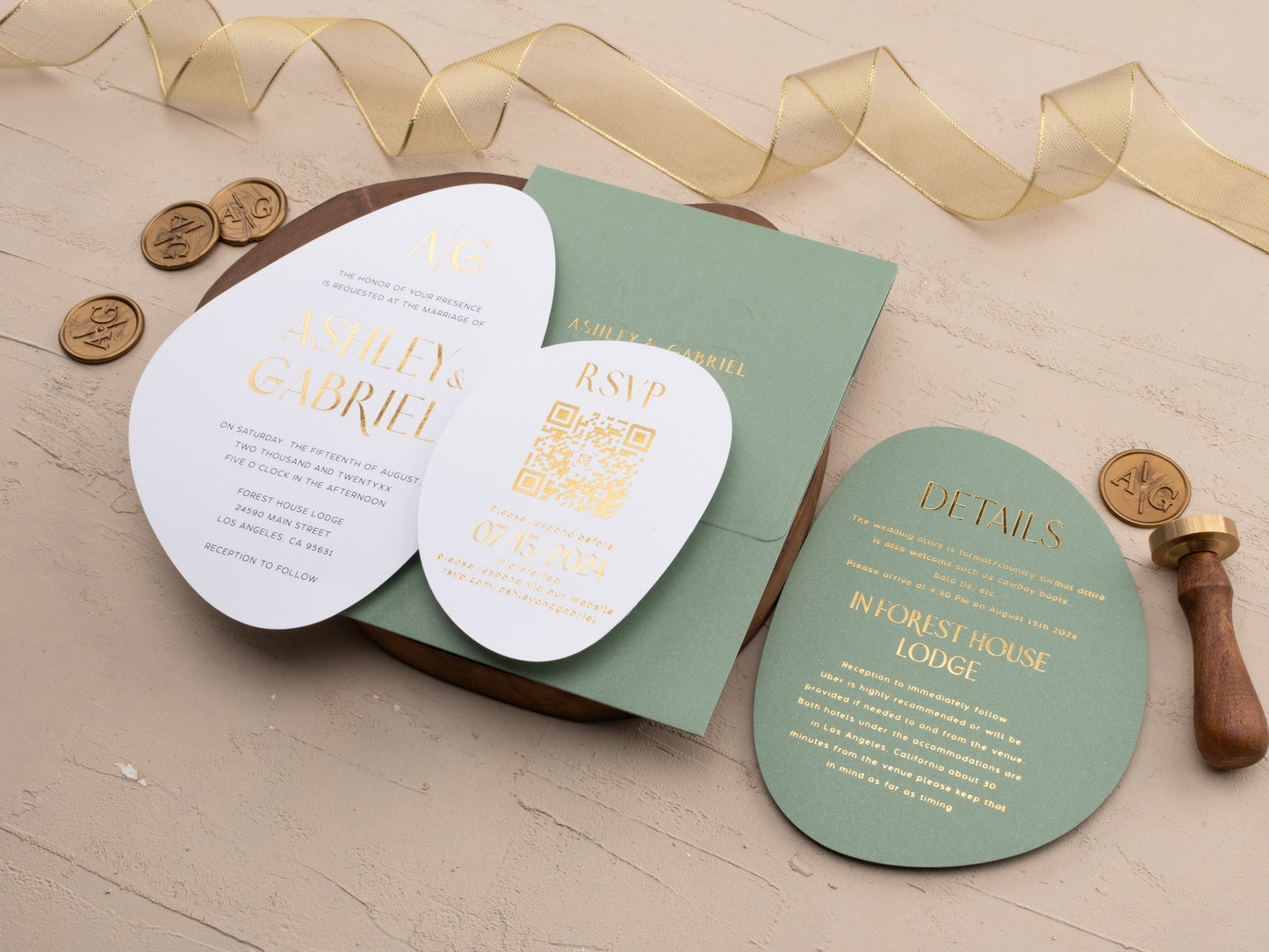 Chic Modern Shape Wedding Invite in Sage Green with Gold Accents - LA Invitations Co
