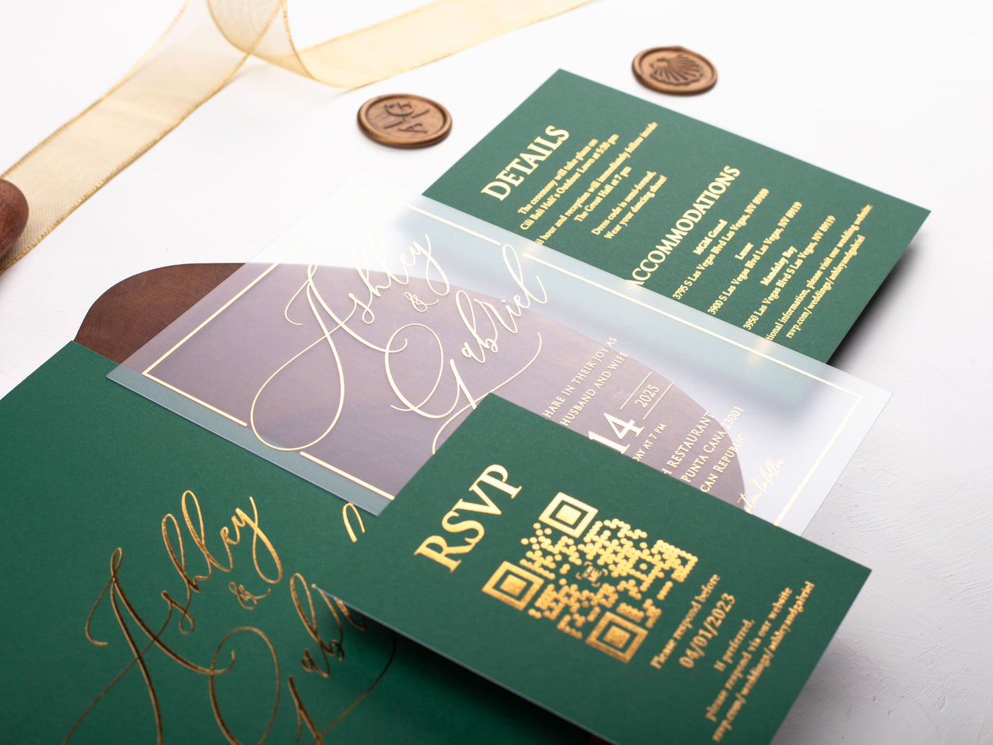 Acrylic Wedding Invitation with Gold Foil and Emerald Green Envelope