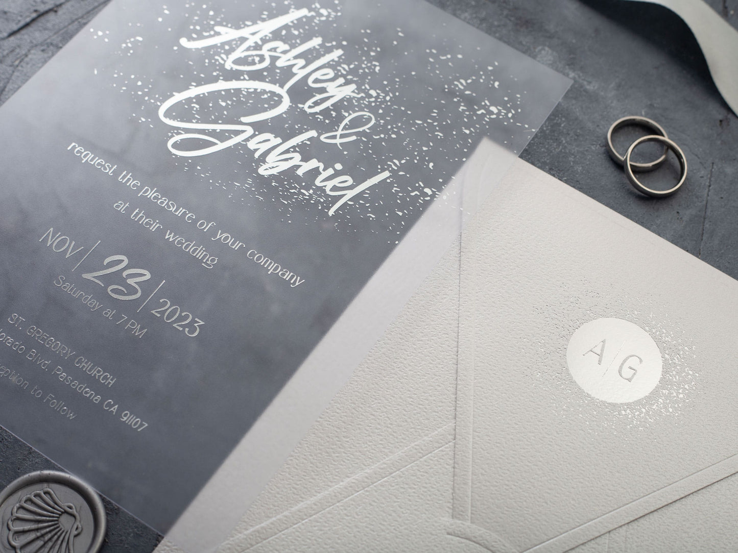 Modern Acrylic Wedding Invitation with Silver Foil and White Envelope