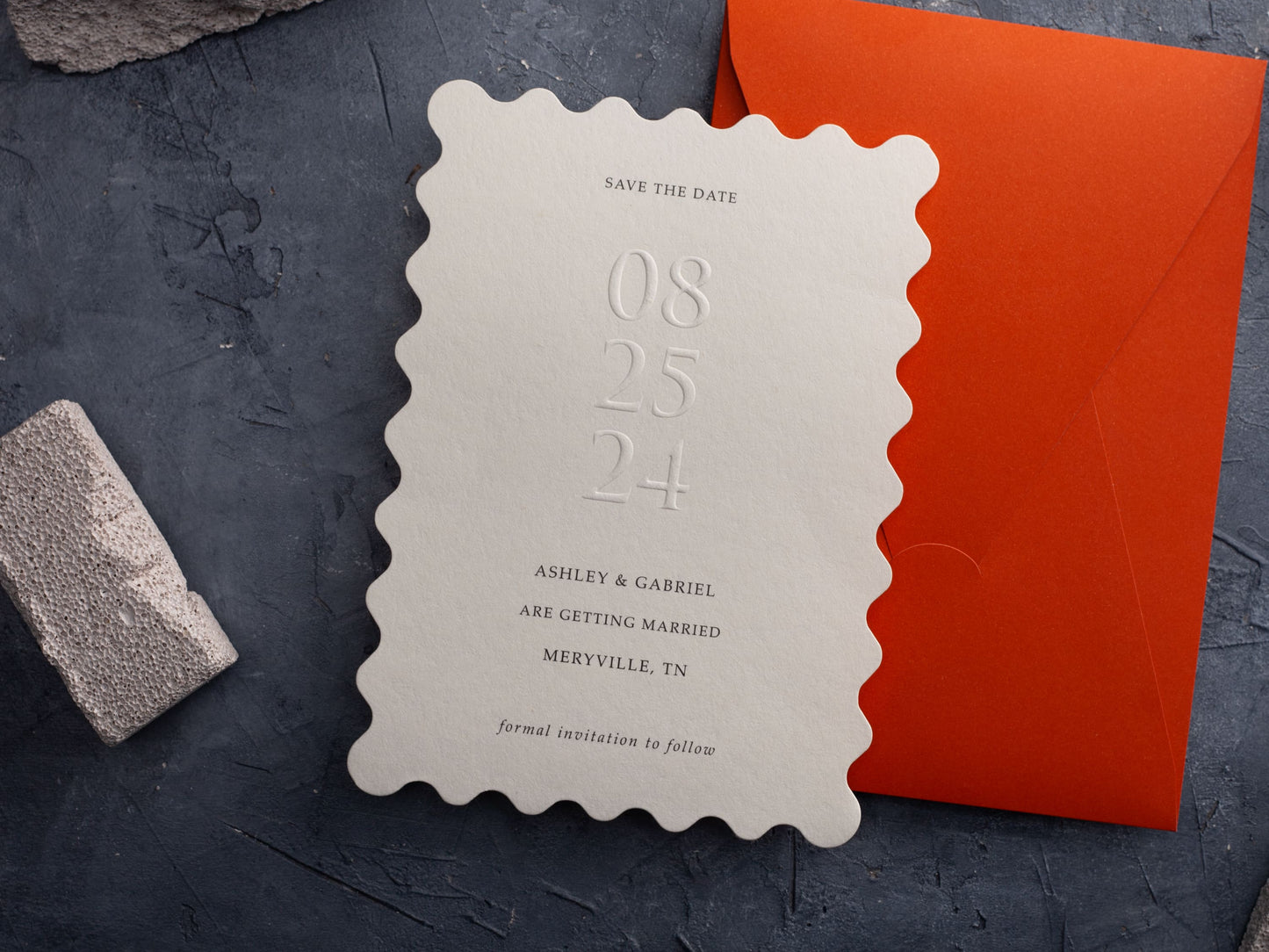 Stylish Save the Date Card with Embossing and Wavy Cut Shape