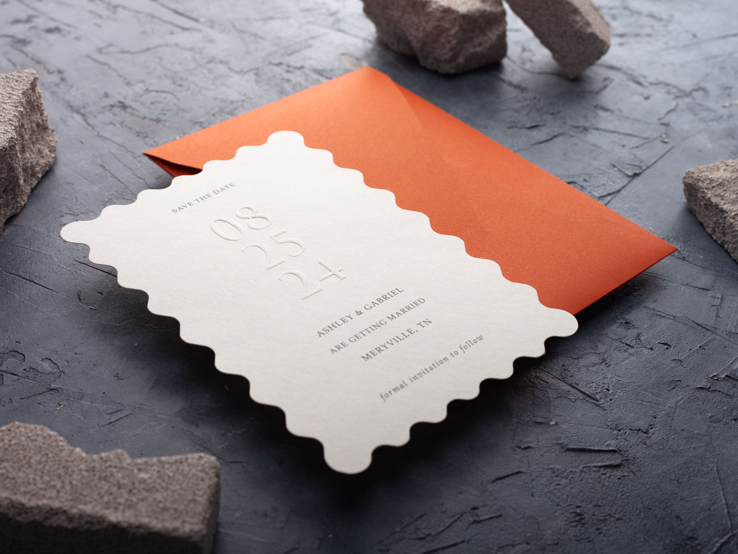Stylish Save the Date Card with Embossing and Wavy Cut Shape