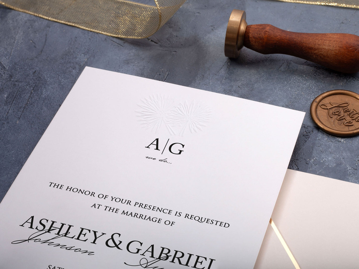 Elegant Embossed Wedding Invite with Gold Details
