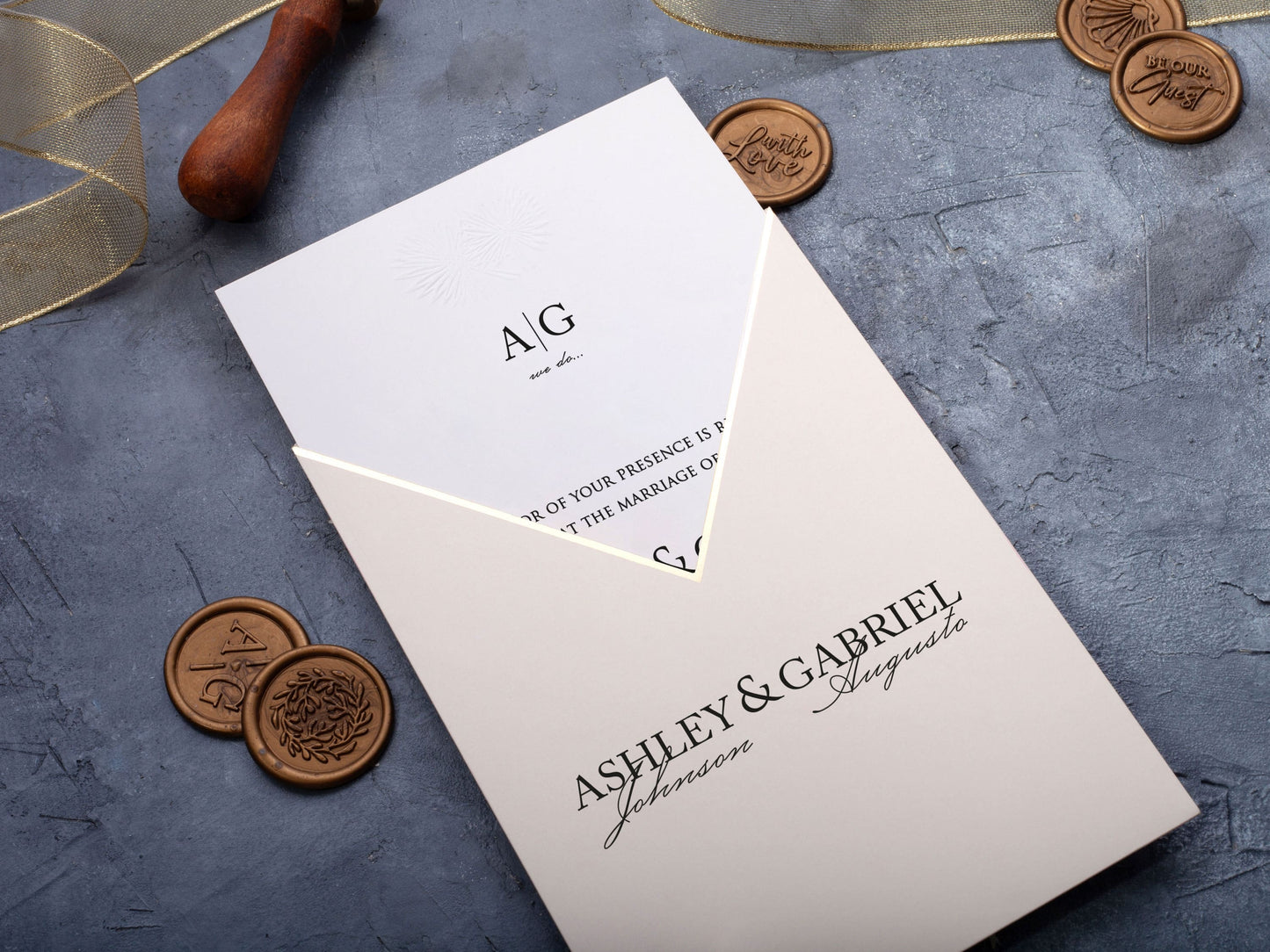 Elegant Embossed Wedding Invite with Gold Details - LA Invitations Co