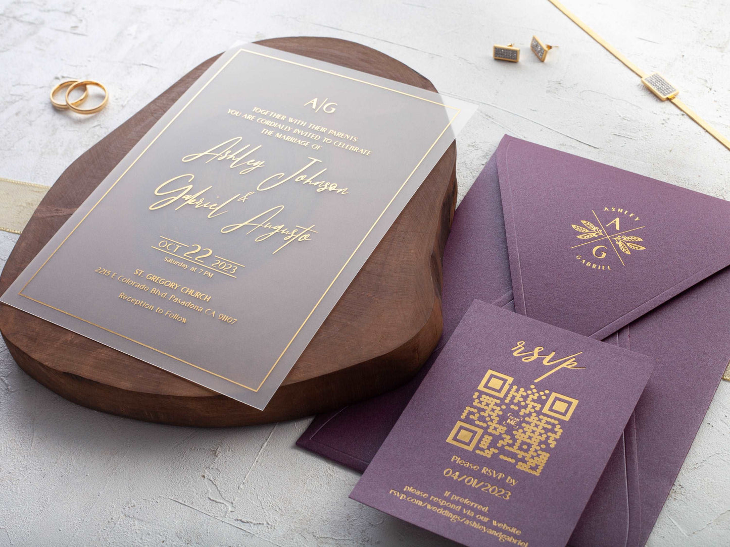 Gold Foil Printed Acrylic Wedding Invitation with Purple Envelope - LA Invitations Co