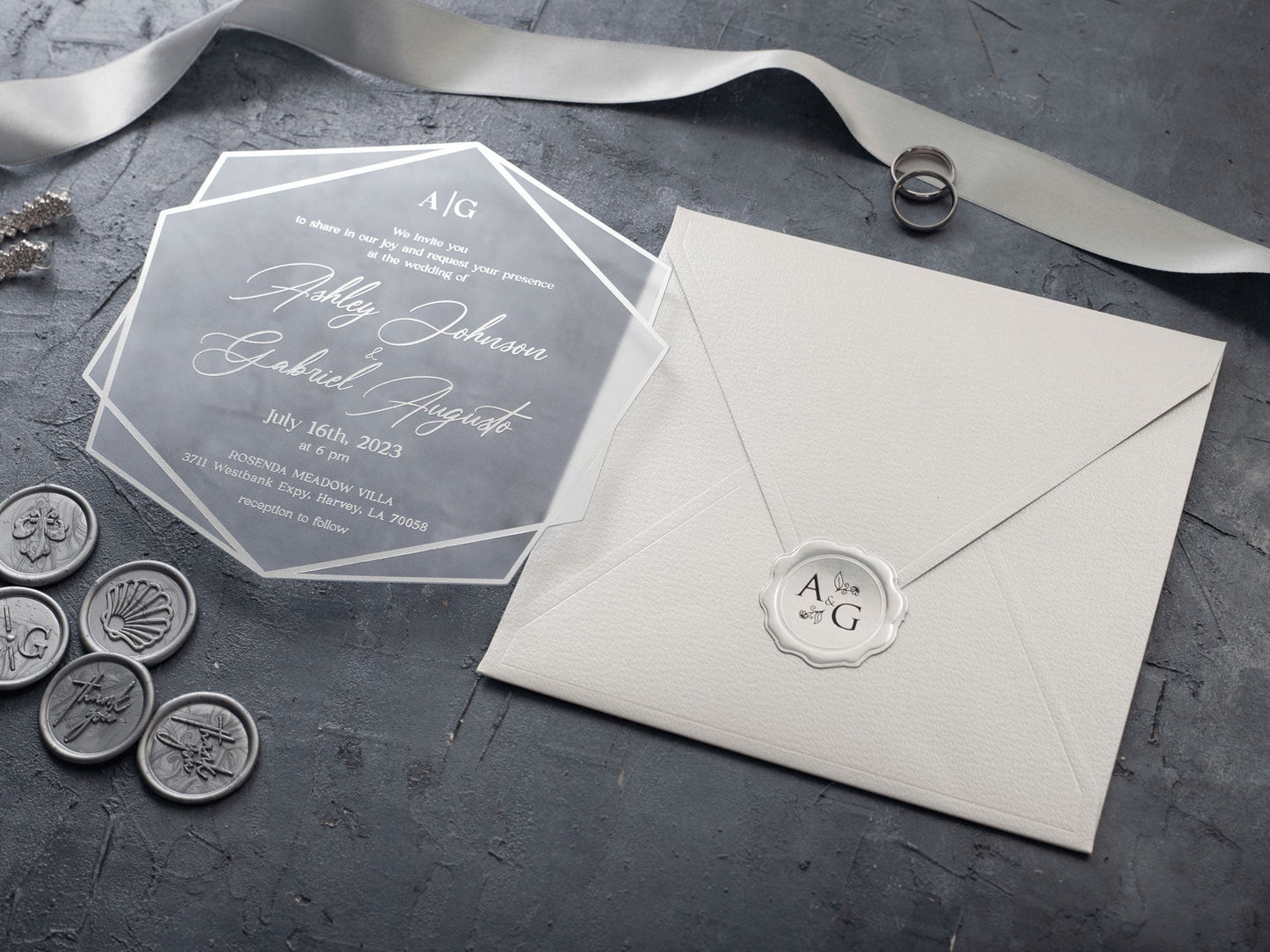 Sophisticated White and Silver Acrylic Wedding Card - LA Invitations Co
