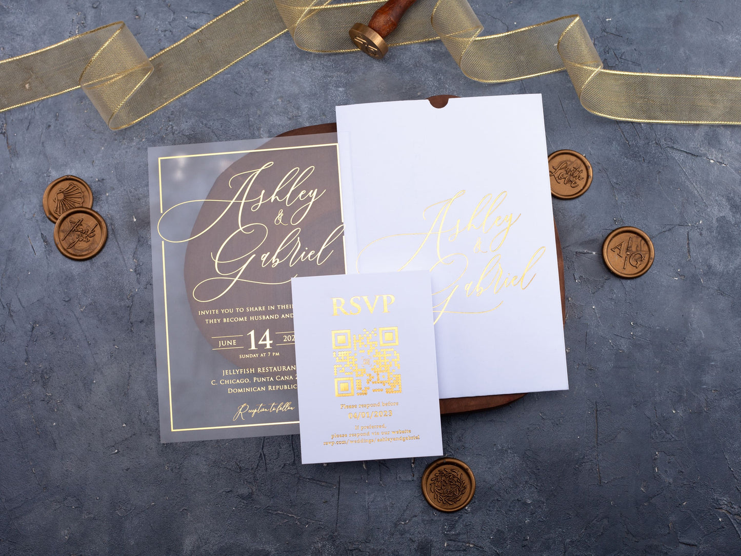 Acrylic Wedding Invitation with Gold Letters and White Sleeve