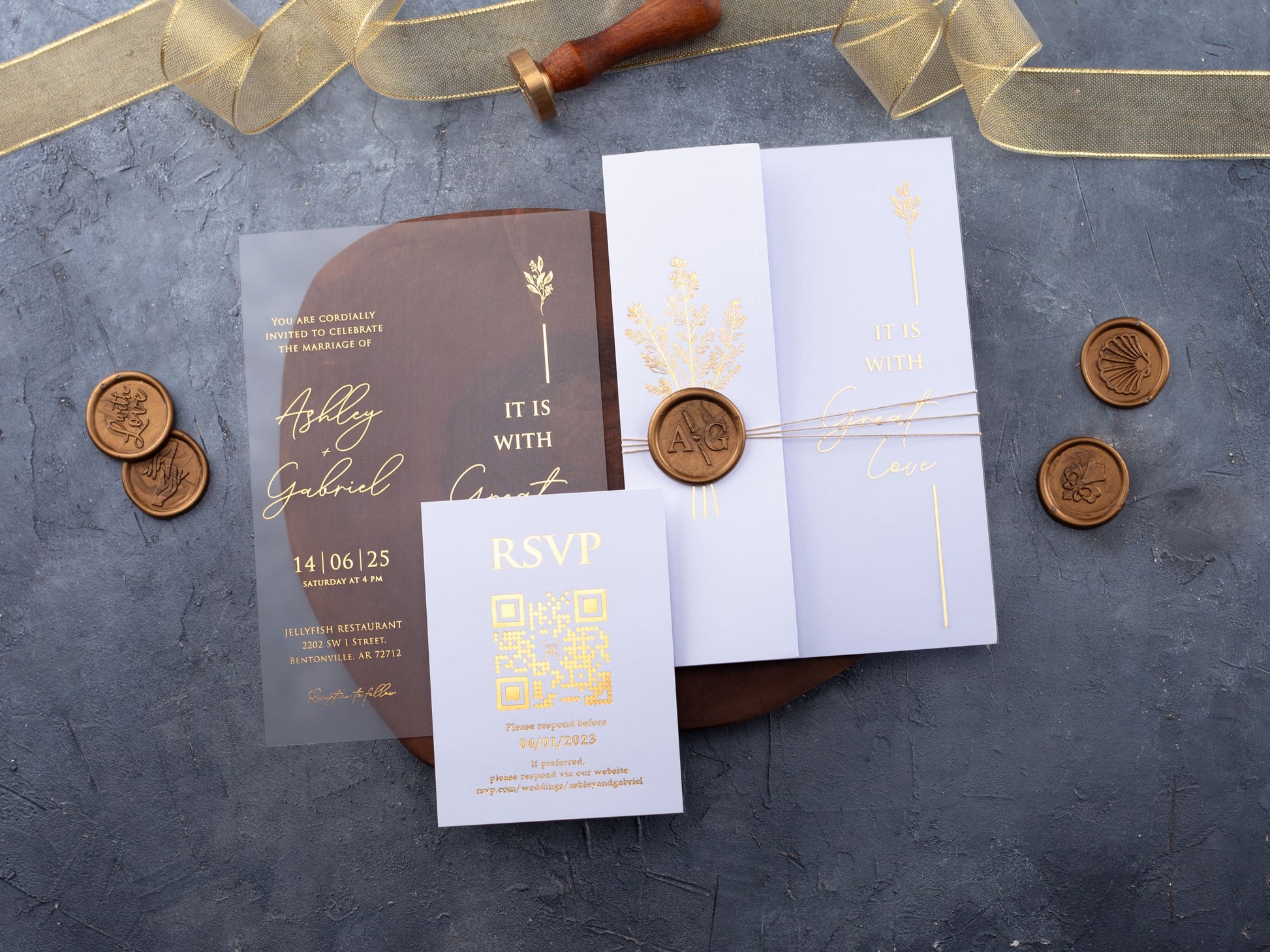 White and Gold Acrylic Wedding Invitation with White Folded Jacket - LA Invitations Co