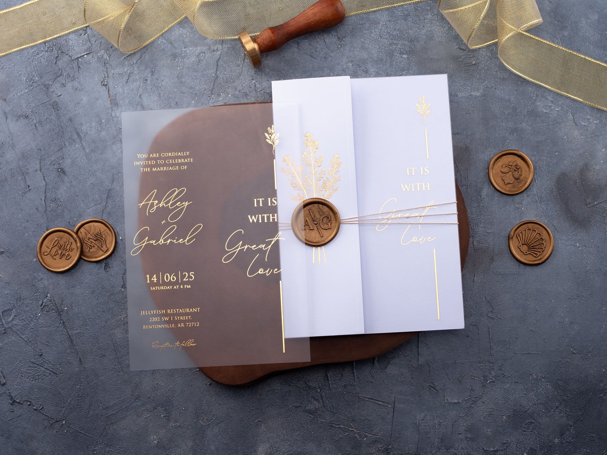White and Gold Acrylic Wedding Invitation with White Folded Jacket - LA Invitations Co