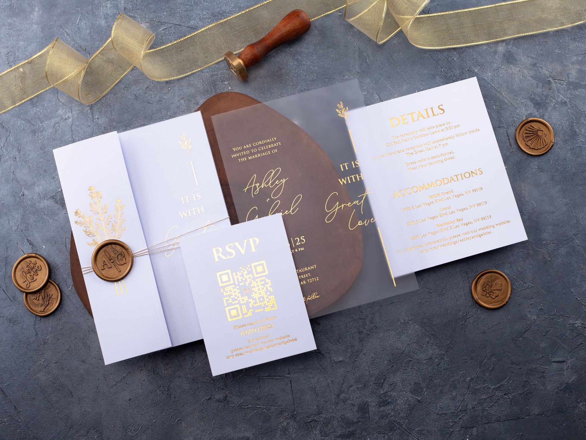 White and Gold Acrylic Wedding Invitation with White Folded Jacket - LA Invitations Co
