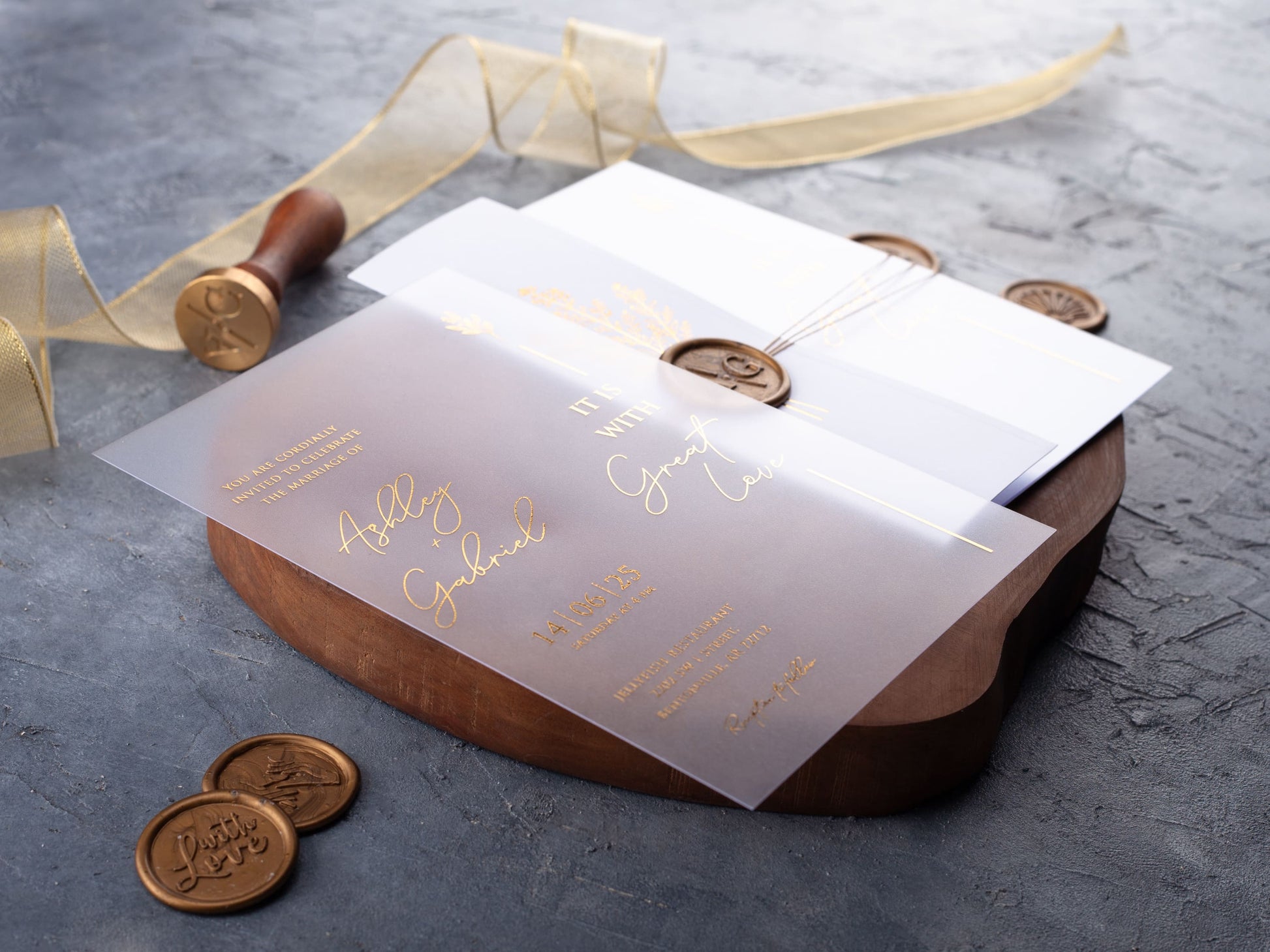 White and Gold Acrylic Wedding Invitation with White Folded Jacket - LA Invitations Co